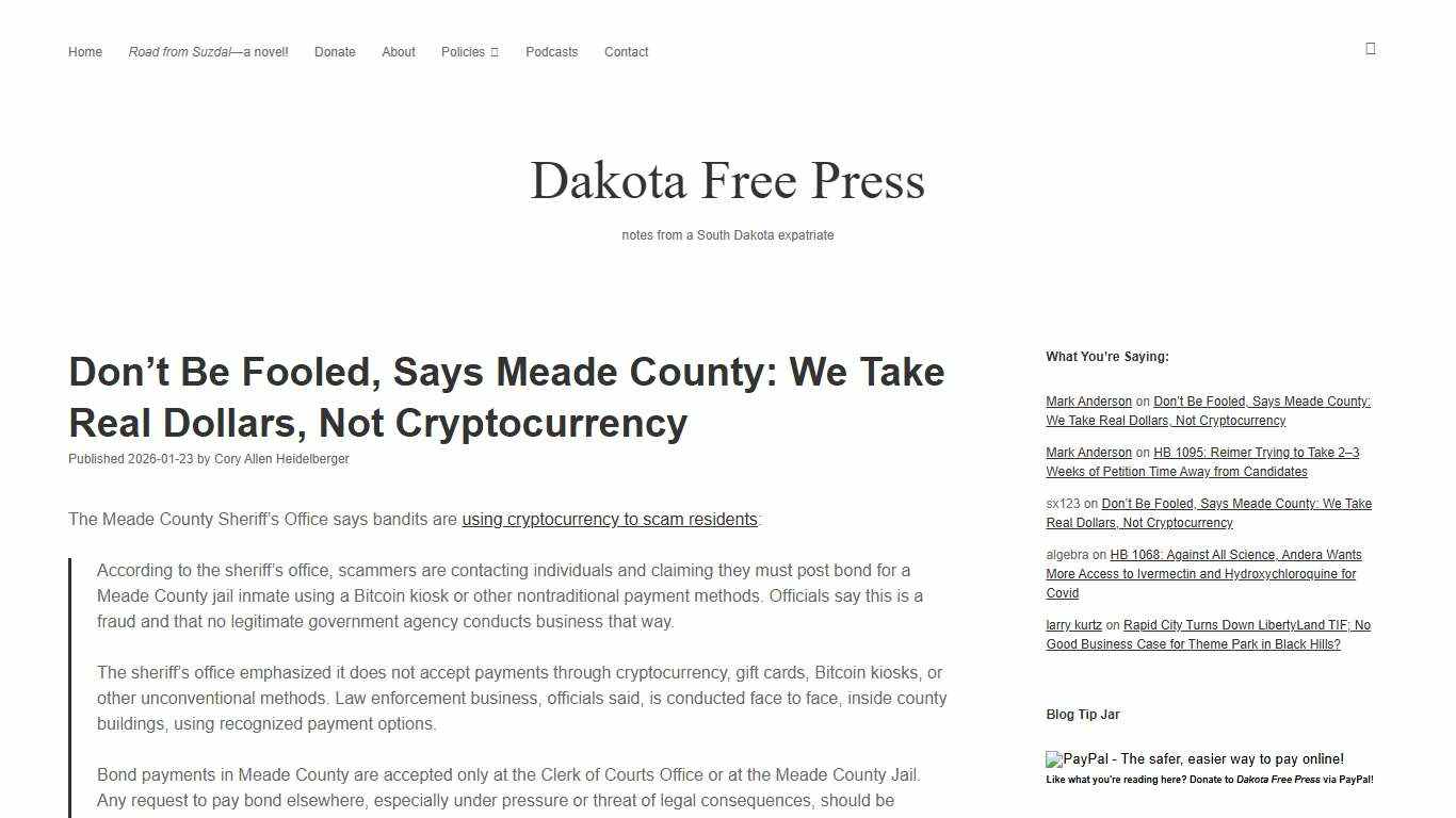 Don’t Be Fooled, Says Meade County: We Take Real Dollars, Not Cryptocurrency – Dakota Free Press